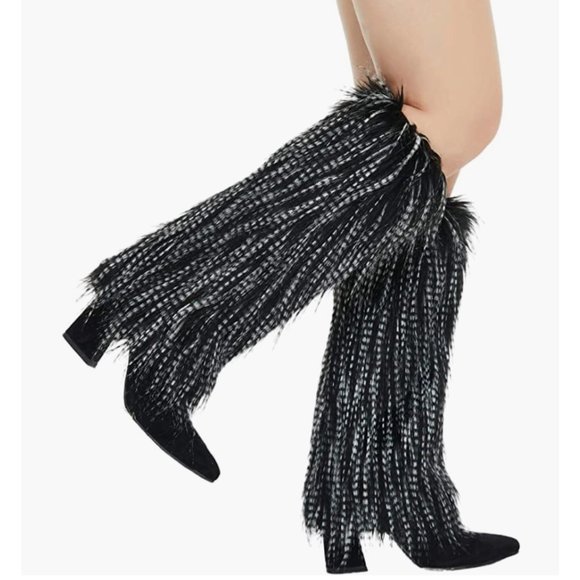 Tall Black & White Fuzzy Faux Fur Long Feather Cuff Boot Covers Leg Warmer Socks - Picture 3 of 6